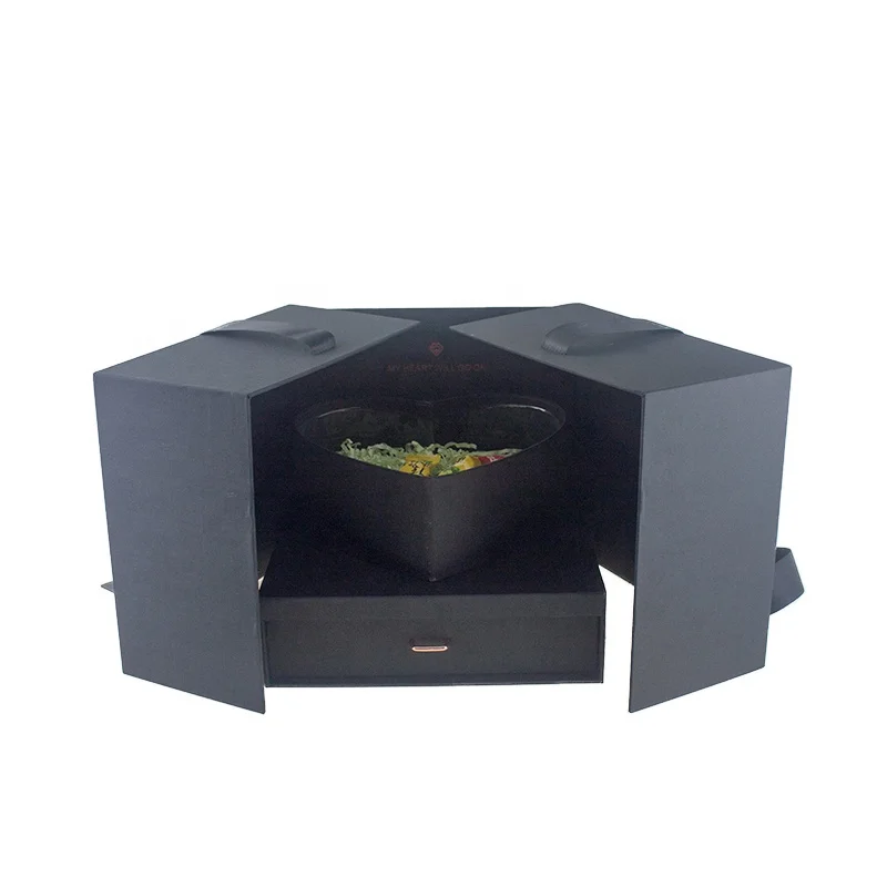 
FSC Special Design Custom Print Hot Stamping Logo Flower Packaging Ribbon Closure Black Gift Box with Paper Handbag 