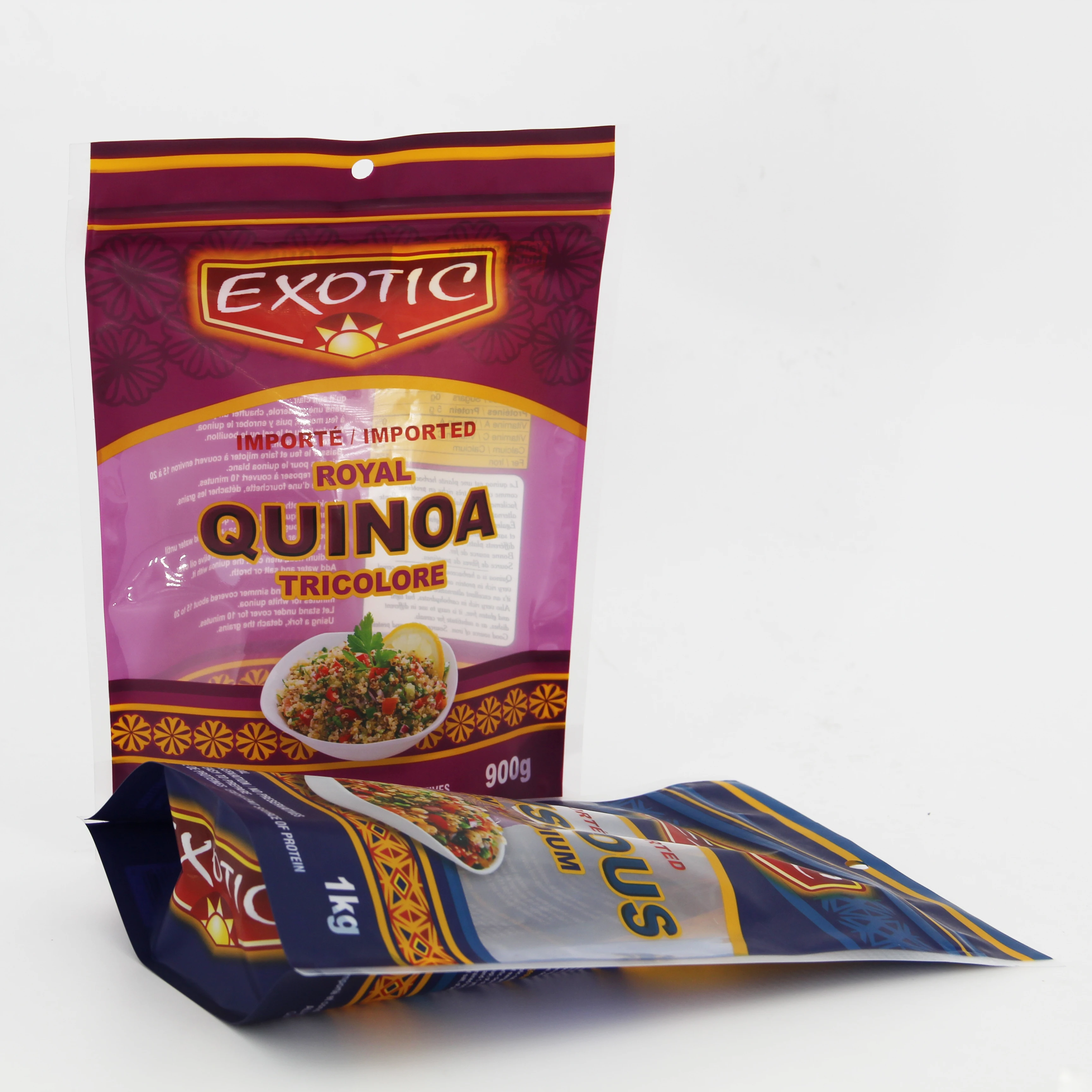 Heat seal couscous and quinoa clear transparent plastic food packaging mylar ziplock bag with window