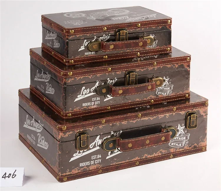 New large decorative craft 3 pieces antique wooden suitcase luggage set