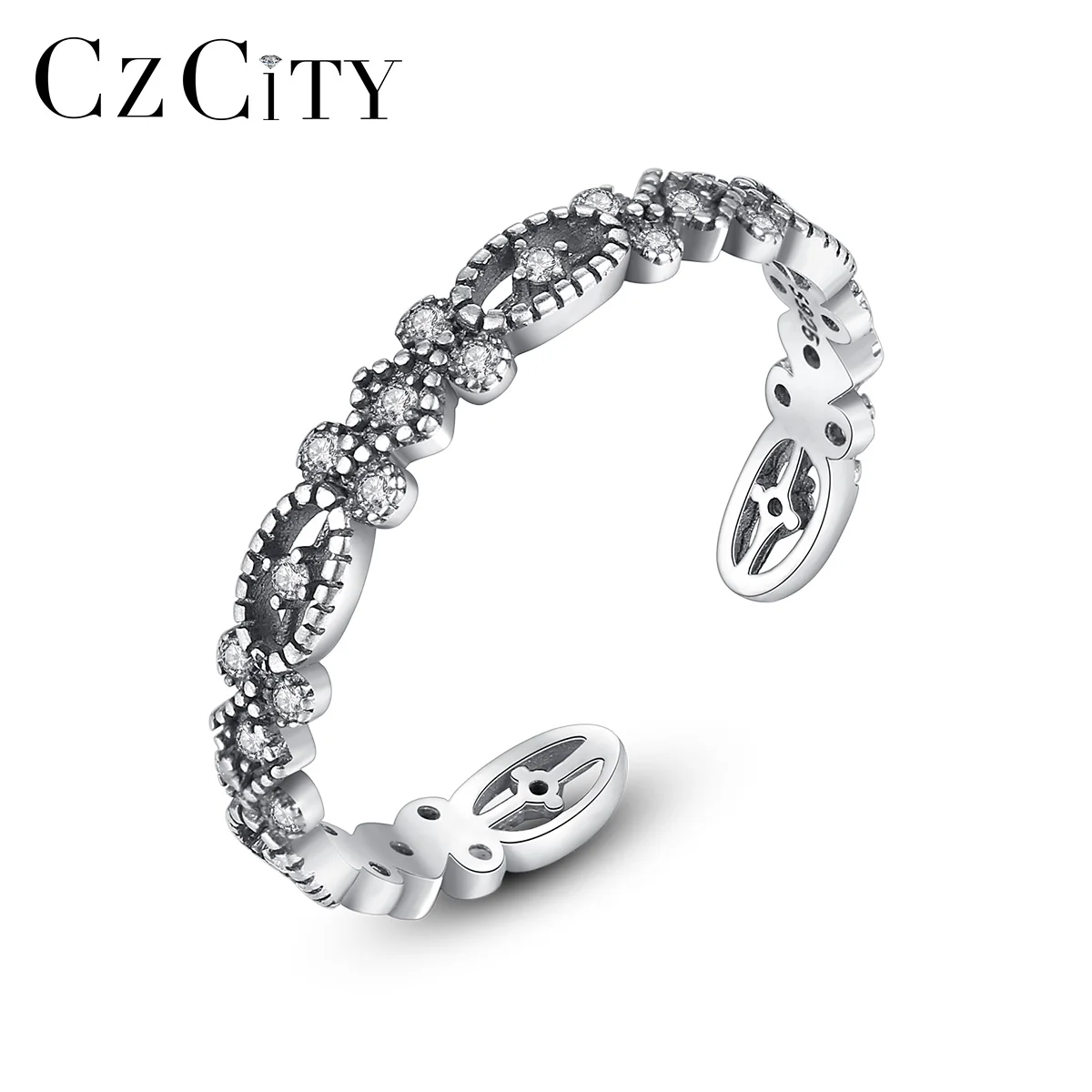 CZCITY New Design Vintage Tai Silver Rings Mini CZ Pave Antique Engagement Rings For Women Wedding High Quality Gift