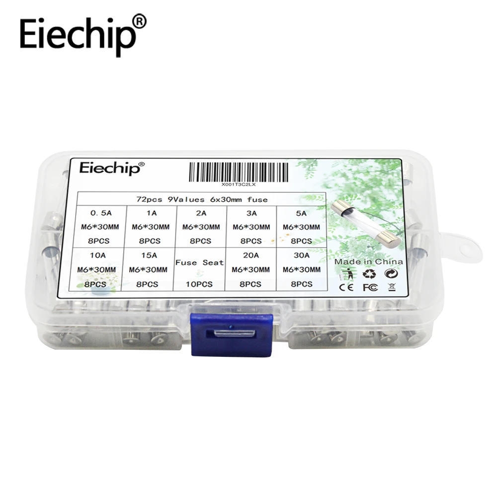 Набор быстродействующих стеклянных предохранителей Eiechip 72pcs6x30 мм быстросъемный стеклянный трубчатый предохранитель различные комплекты усилителей 0.5A 1A 2A 3A 5A