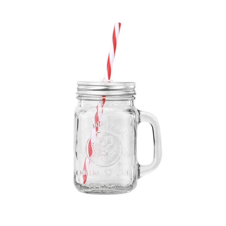 Factory Outlet 450ml 16oz Engraving Printed Empty Clear Drinking Cup Glass Mason Jar with Handle / lid / Straw