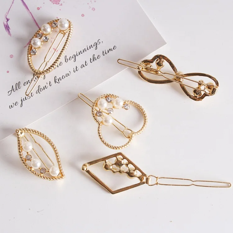 Europe and America metal hair pin fashion geometric pearl hair clip word hair clip headwear
