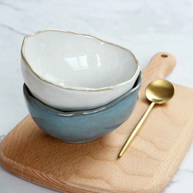 Irregular shape ceramic tableware set with elegant gloss blue reactive glaze for wholesale