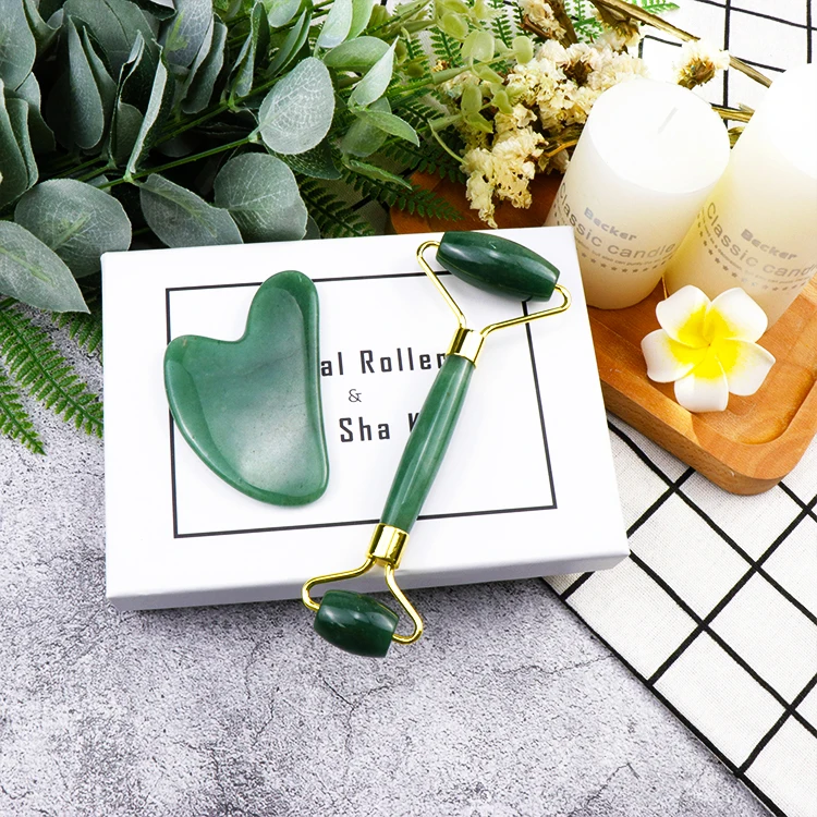 OEM Best Quality Anti Aging Face Massager Natural Jade Roller And guasha Set With box Facial Gemstone Roller
