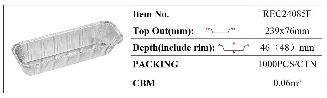 Bandeja de pan larga oblonga de aluminio 24x8x5cm long oblong NINGBO factory Disposable Aluminum Foil Container Food REC24085F