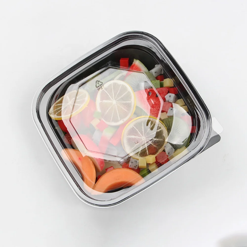 Индивидуальная сухая пластиковая упаковка RPET/PET одноразовая упаковка для салата 750 г квадратная черная коробка для фруктов