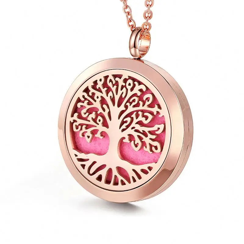 Tree Of Life Titanium Stainless Steel 316L Jewelry Gold Plated Necklace Locket Women Aroma Essential Oil Diffuser Necklace
