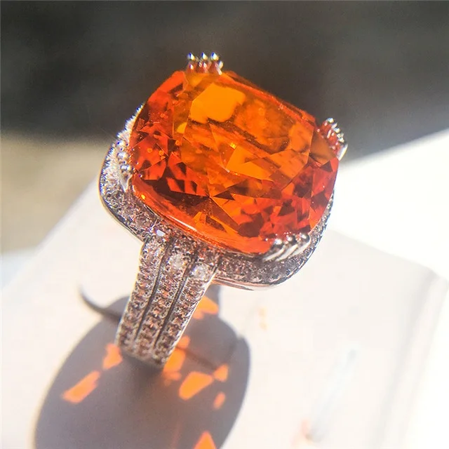New 4CT Big Champagne CZ Stone silver Ring Large Single Orange Crystal Cut Luxury Ring party Women 925 Sterling Silver Jewelry