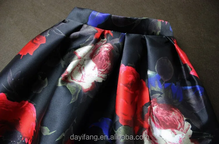 Women black skirt with red roses printed design maxi skirts for fat lady