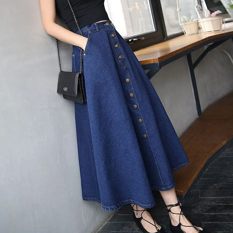 Fashion Women A Line Denim Maxi Skirt Wholesale Long Denim Skirts