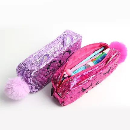 Custom cute school glitter sequin round pencil case with zipper
