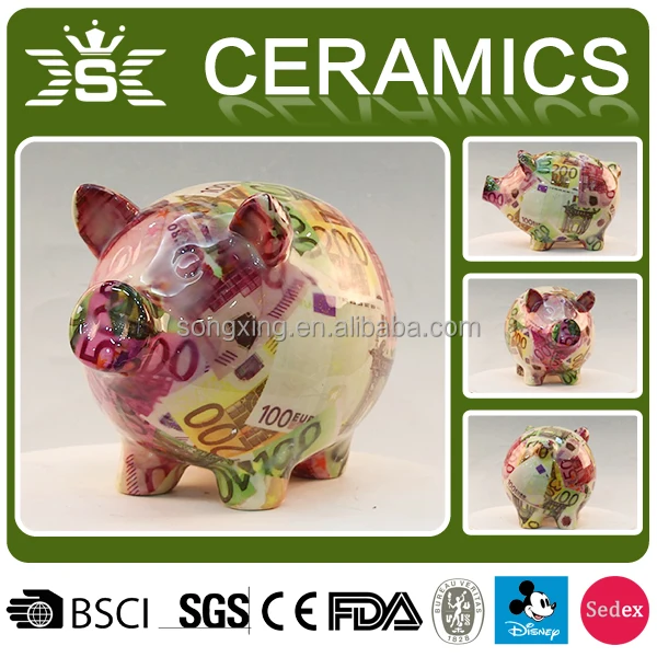 Wholesale ceramic pink pig piggy bank with thermo printing Size and shape can be customized