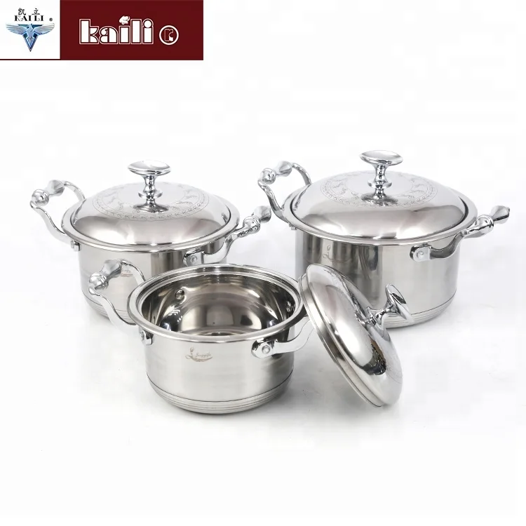 Best quality 3pcs stainless steel cookware set stock italian and korea cookware set with heat resistant handle