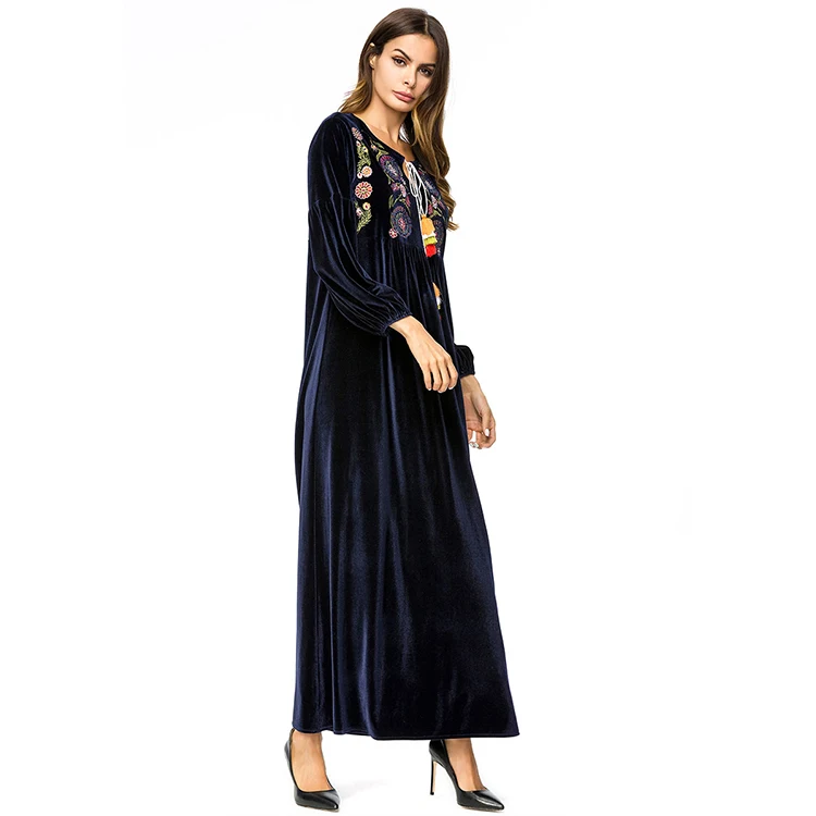 Hot sale dark blue long sleeve islamic velvet maxi dress winter clothes for muslim women abaya