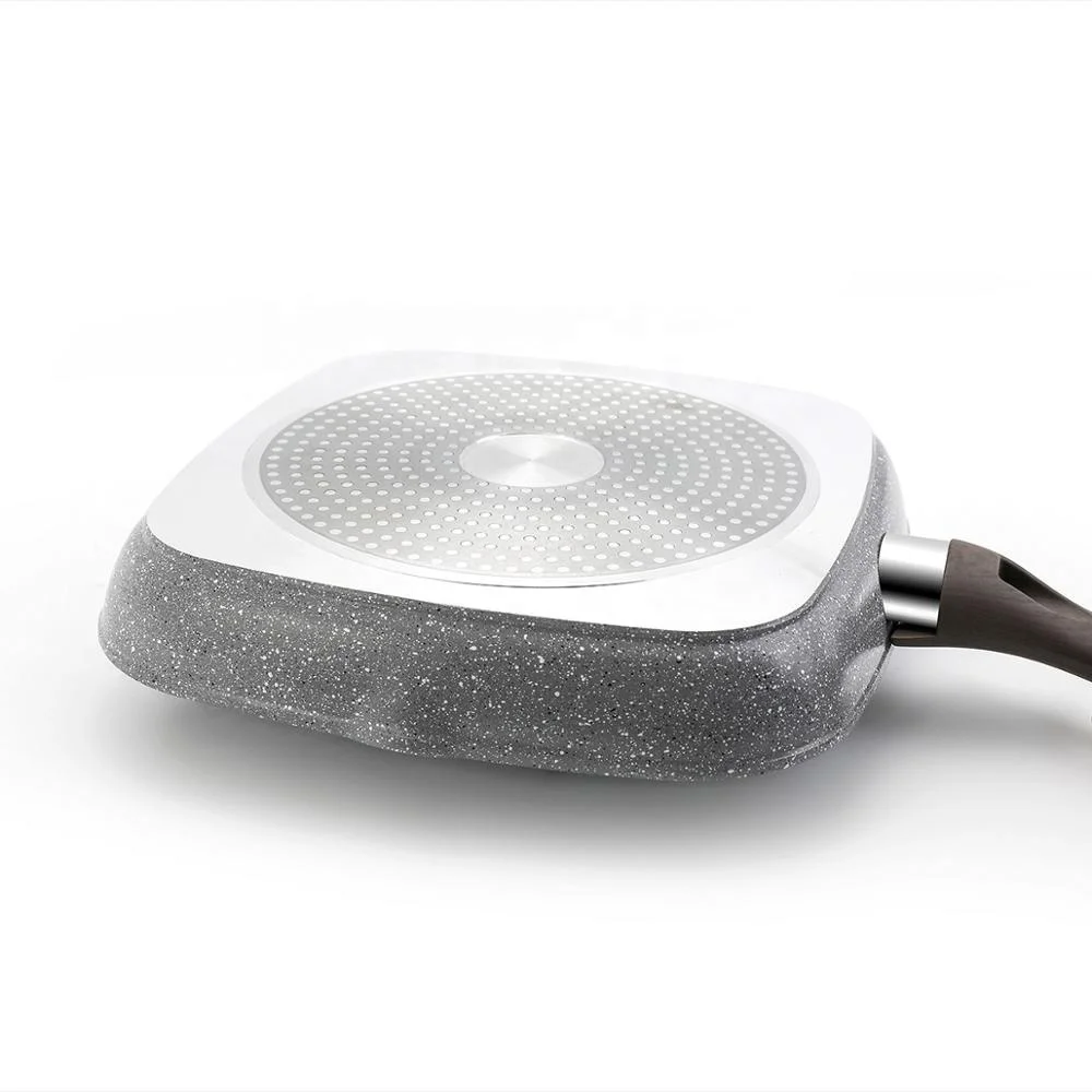 
Aluminum forged square grill pan with light grey non stick marble stone coating and wooden coating handle 