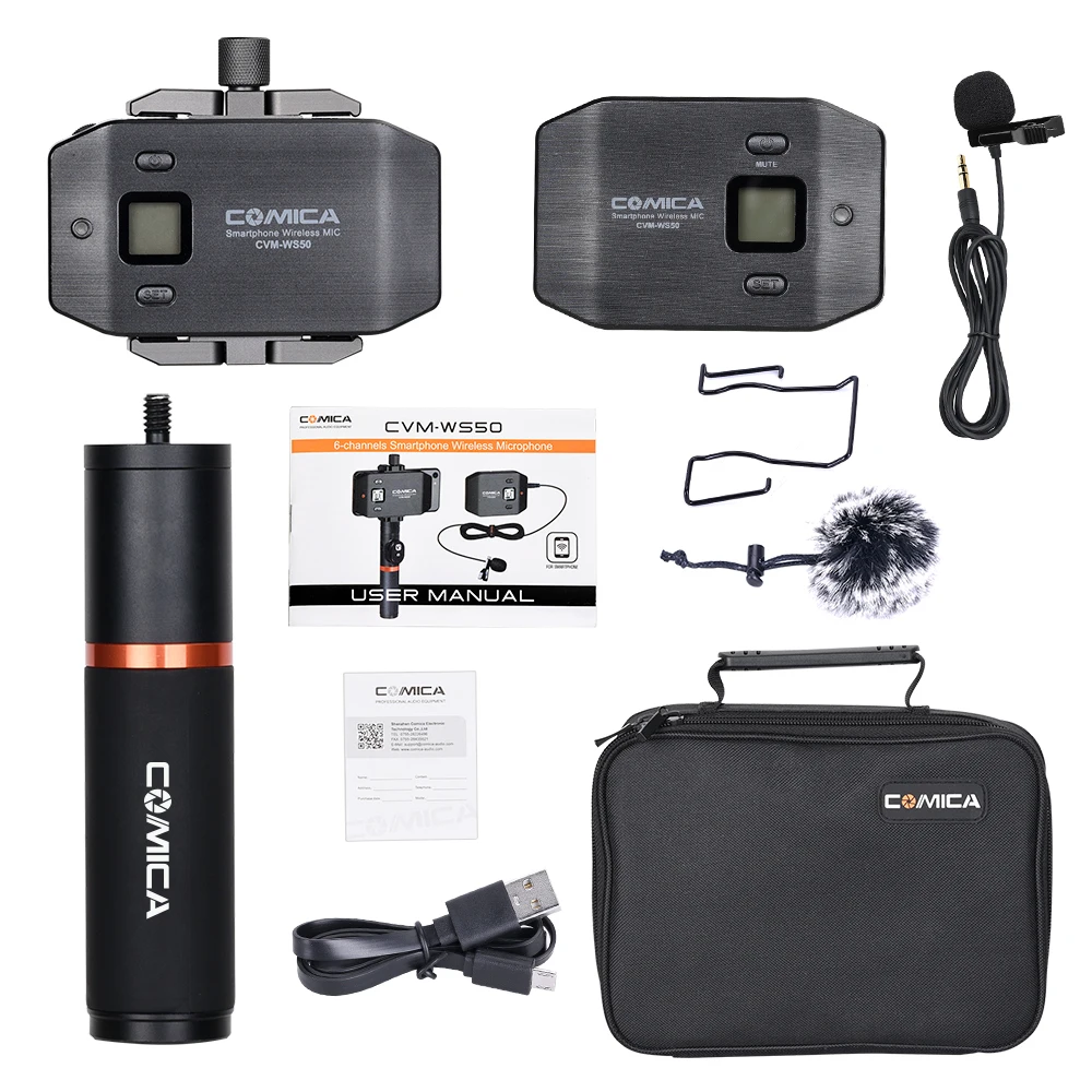 COMICA UHF 6 Channels and 60m Working Distance Wireless Lavalier Microphone for Smartphone with Ordinary Grip and Phone Holder