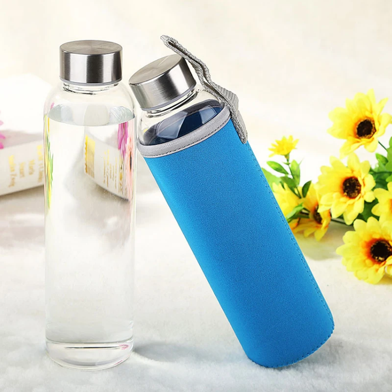 
Leakproof high borosilicate portable stainless steel lid glass water bottle with nylon protective sleeve 
