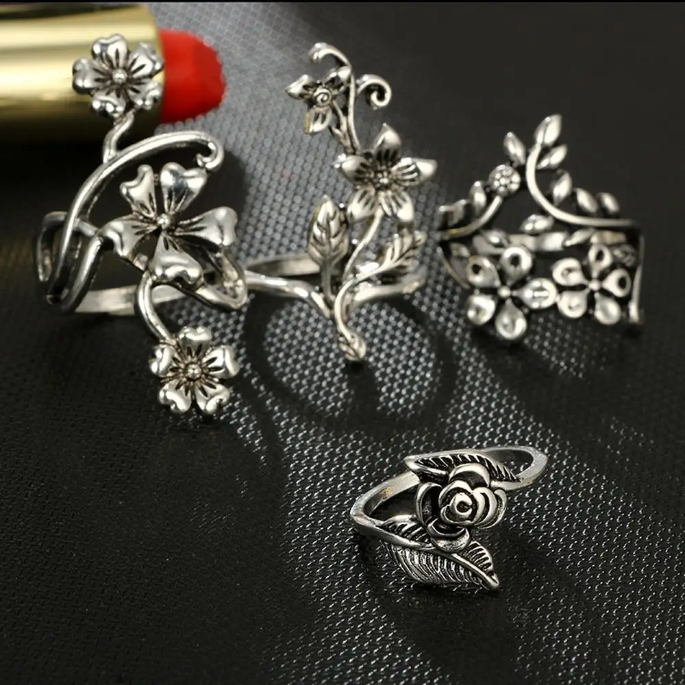 
New Fashion Women Jewelry Antique 4pcs Sliver Vine Leaf Flower Ring Set 