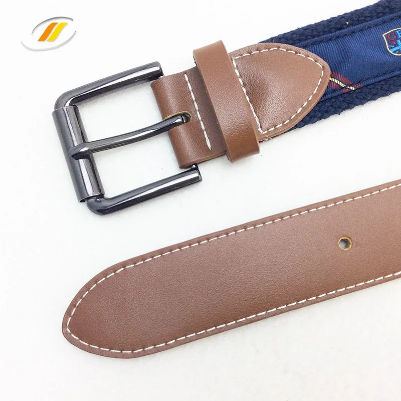 Men Canvas Fabric Genuine Leather Belt With Custom Logo