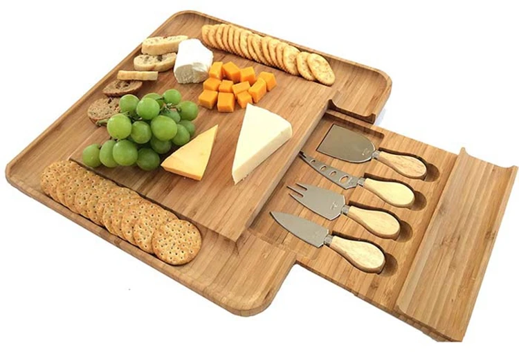 Bamboo Cheese Board & Knife Set Wood Meat Platter Charcuterie Set,Exclusive Cheeseboard With 4 Cheese Knives