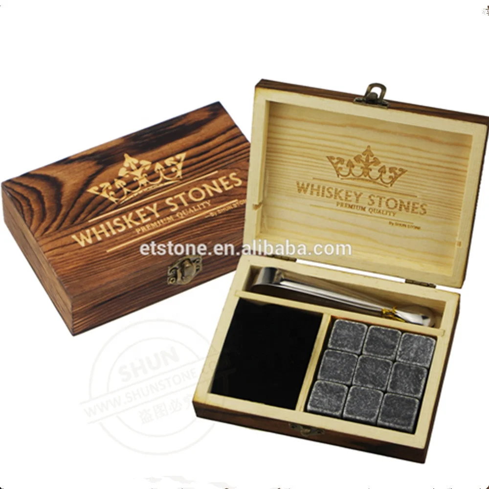 Amazio hot selling Whiskey Stones Gift Set Granite Reusable Ice Cubes Luxury Handcrafted laser engraved wood box