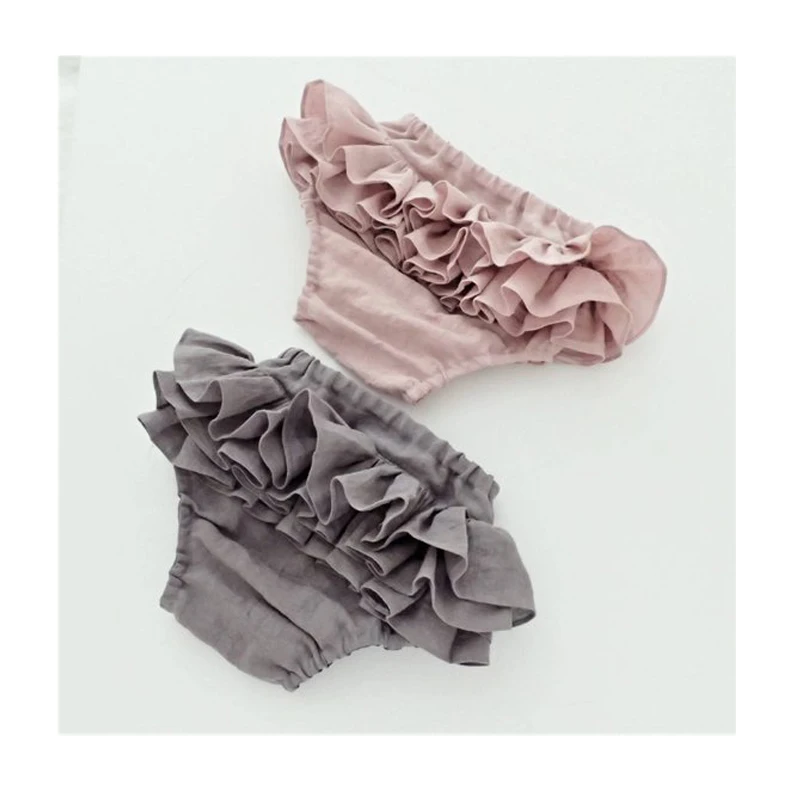 
INS popular Linen Ruffle Toddler Bloomer For Kids Girls Organic Cotton Infant Mini Shorts Diaper Cover 
