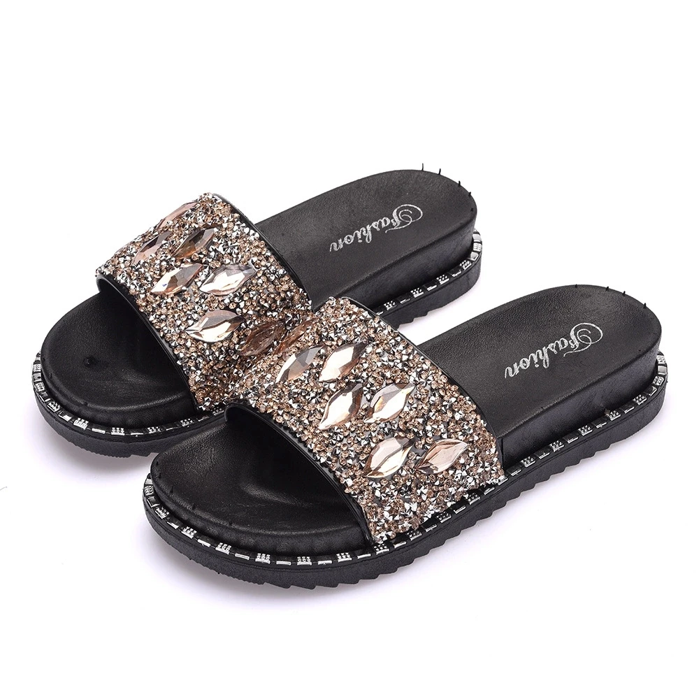 Outdoor slip on cool design women pvc slippers colorful water drops rhinestone slide sandals