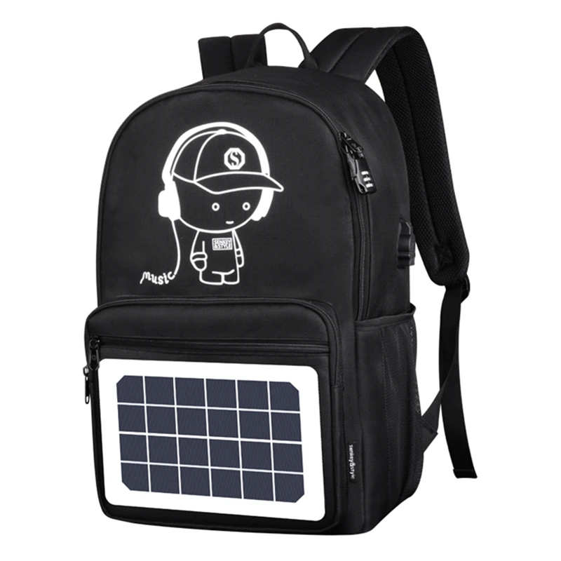 Black Anti-Theft Outdoor Water Resistant Luminous Logo Solar Panel Backpack With USB Charger