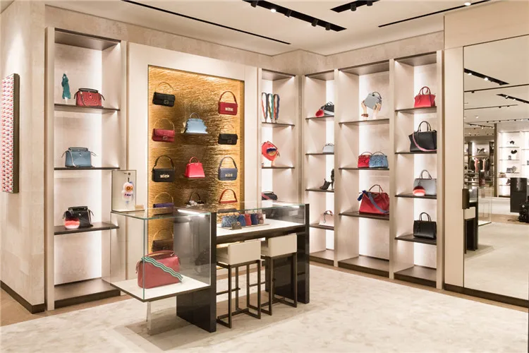 Modern Design Retail Bags Boutique Wall Display Showcase with Shelves Design Handbag Shelves with LED Light Fixture