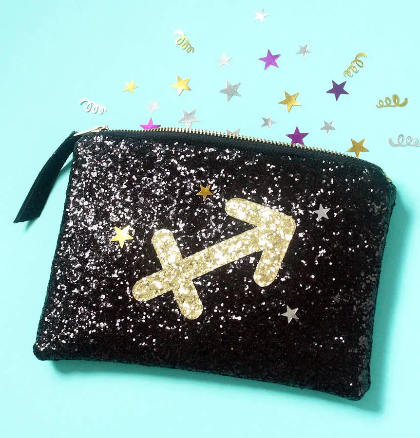 black glitter printed zodiac sign glitter clutch cosmetic bag wholesale makeup organizer bag