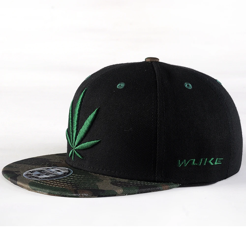 Professional Caps Manufacturer Leaf Weed Embroidered Logo Custom Flat Brim Snapback Cap Hat