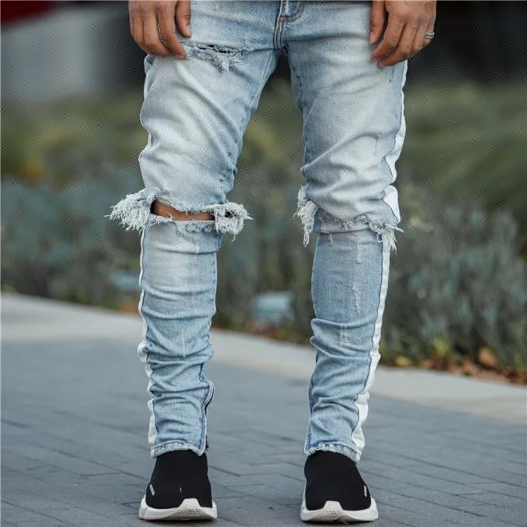 Royal wolf track pants factory tape printed jeans men side stripe jeans fashion trousers white striped jeans