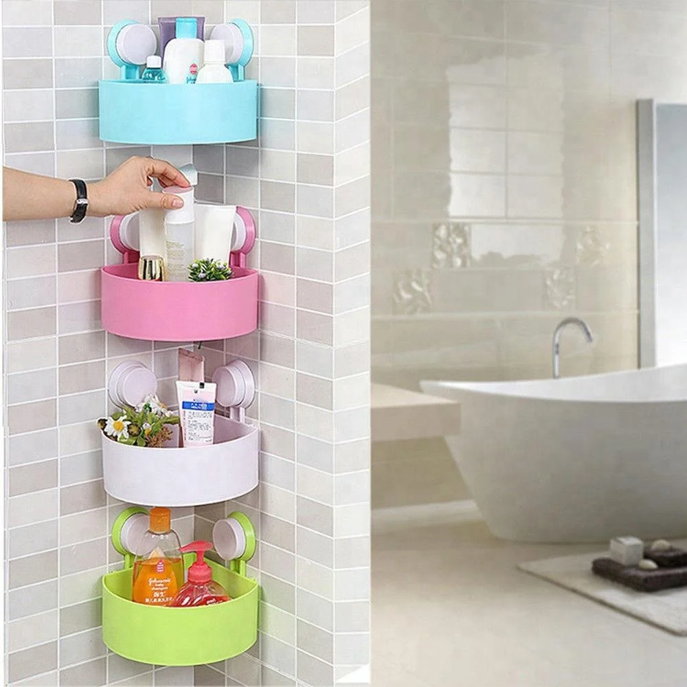 Factory Wholesale Bathroom Wall Mounted Shampoo Soap Basket Plastic Corner Suction Shower Caddy Shelf