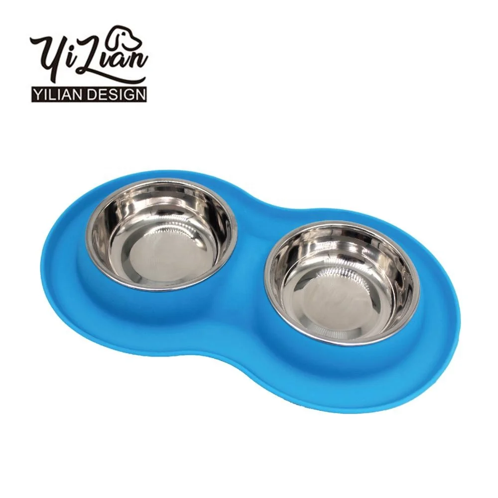 Stainless steel dog bowls with mat silicone, 2 in 1 double dog food silver bowl metal dog bowl stainless steel