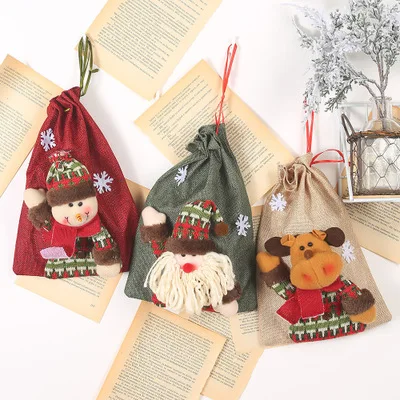 Christmas Decorations Christmas Linen Drawstring Gift Bag Christmas Candy Bag