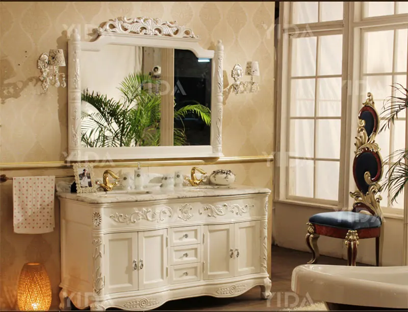 Classic Retro beige Bathroom Vanity Antique Wooden Bathroom Vanity with mirror