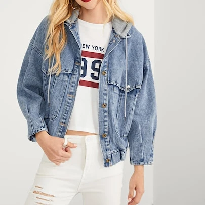 Bleach wash faded hooded women denim jeans jacket