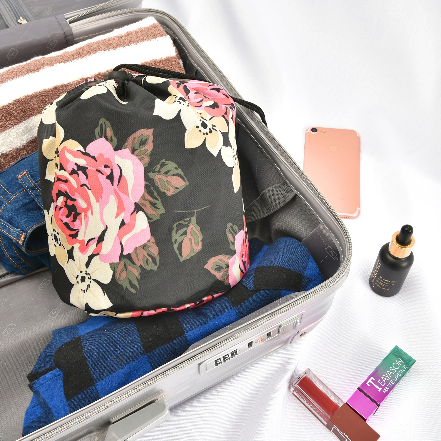 Lokass Soft Lazy Travel  Round Drawstring Makeup Pouch Round Cosmetic Bag For Women Girls