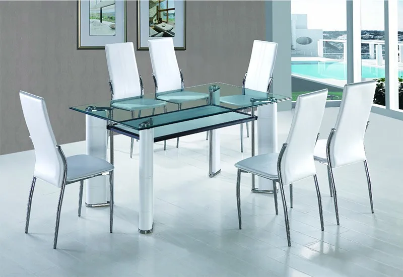 wholesale china 10mm 8 or 10 seater modern cheaper ali crystal glass top dining table set