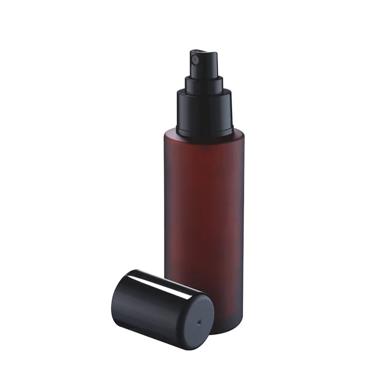 skin care cosmetic packaging 100ml rose red round flat shoulder glass bottle with sprayer cap
