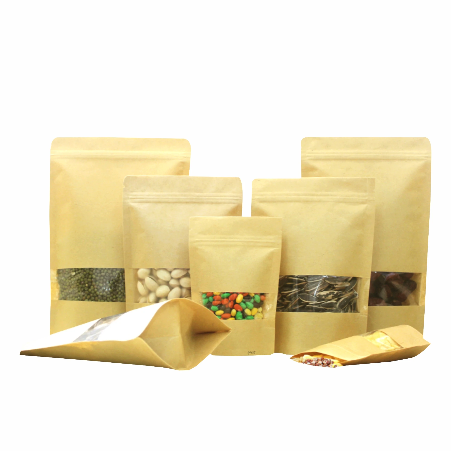 Eco-Friendly Recycled Waterproof Washable Stand up Kraft Paper Bag Zipper With Clear Window