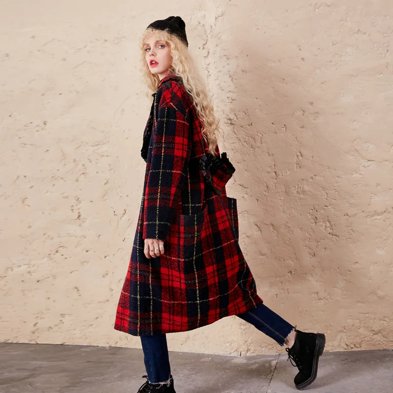 Maxnegio Long Woolen Coat Vintage Outdoor Jacket Lattice Women Fancy Overcoat