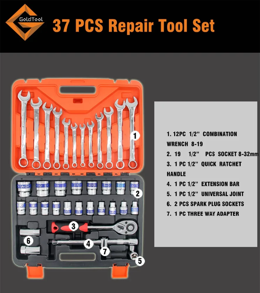 37 PCS Car Cr-V Mechanics Tool Set Complet Plastic Toolbox for Car Motor Bike Repair