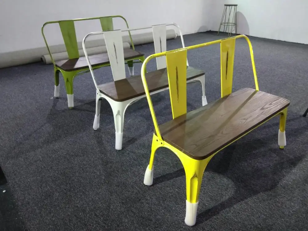 2 Seater Backrest Natural Pinewood Top Metal Frame Patio Garden Kitchen Dining Bench Chair