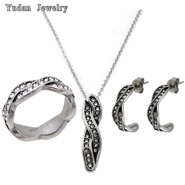 Wholesale Fashion Stainless Steel Leaf Ring Pendant Earring Plated Gold Jewelry Sets