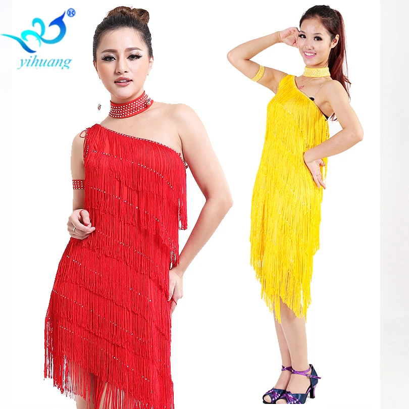 Rhinestone off-shoulder Latin Dance Dress Competition Salsa Tango Performance Festival Party Cocktail Tassel Dress