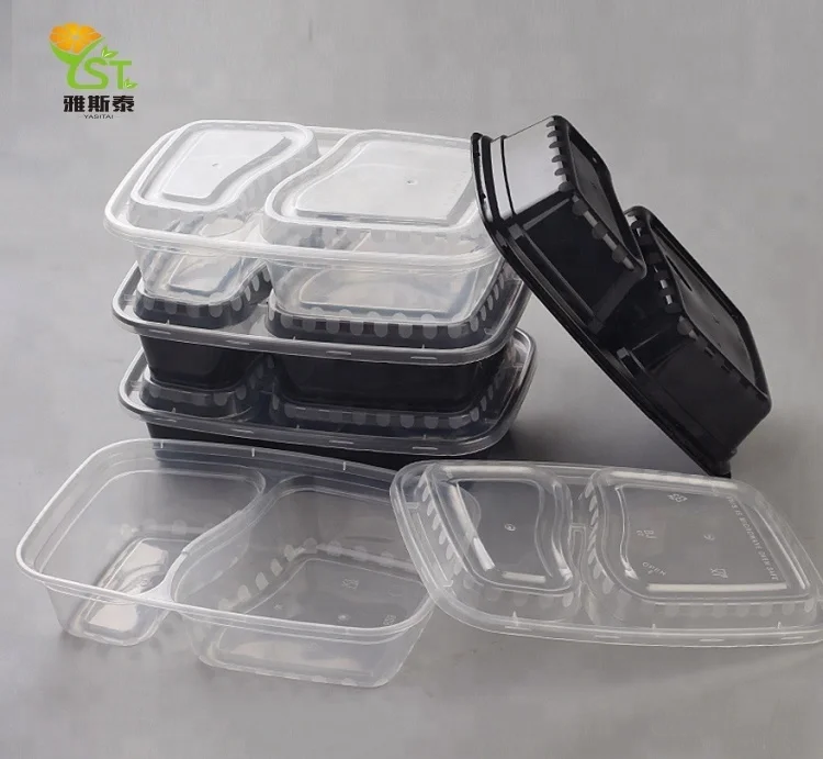 Disposable black plastic pp takeaway square 3-compartment bento lunch box food containers