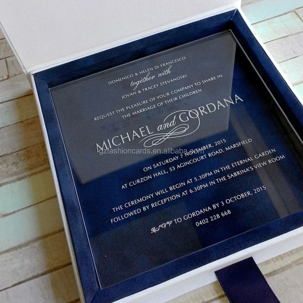 Gorgeous Hardcover Pocket Inside DIY Party Box Invitations with Clear Acrylic Wedding Invitation card