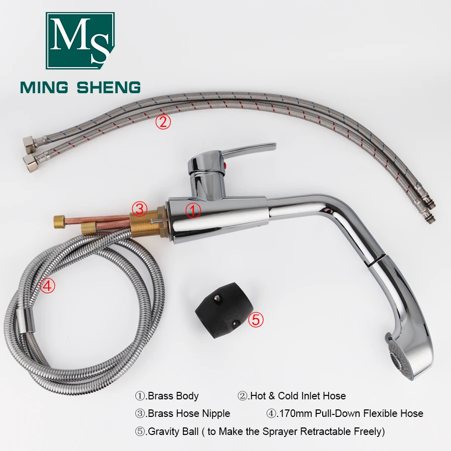 Chrome Single Handle UPC Retractable Pull Out Down Sprayer Kitchen Mixer Taps Faucets with Gravity Ball